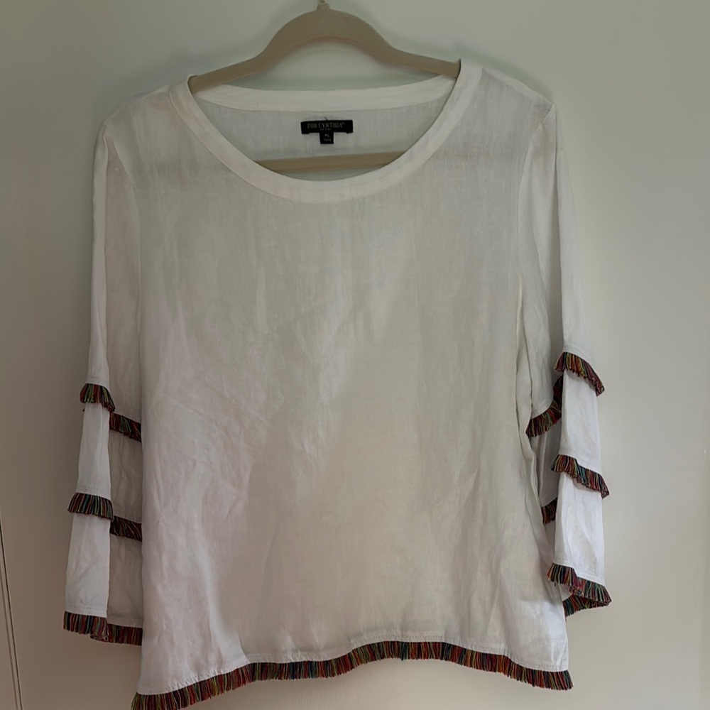For Cynthia Linen Top Women’s Petite Large White Fringe Coastal Cottagecore - Picture 2 of 8